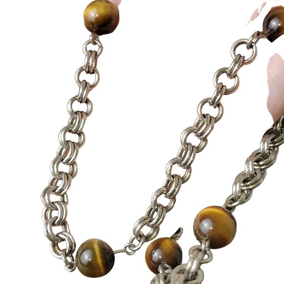 Vintage 80s Tigers Eye Bead Chain Necklace Women Silver Jewelry Crystal Gemstone - Picture 2 of 11